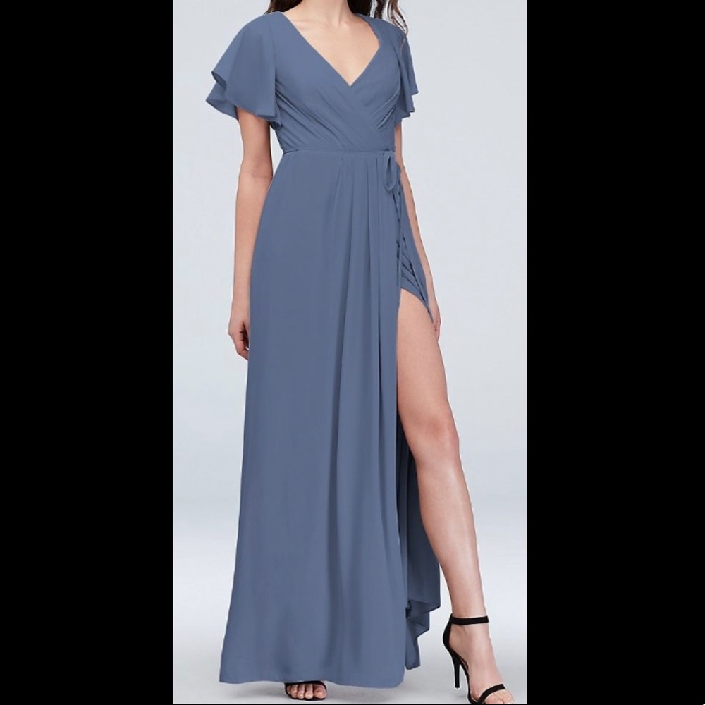David’s Bridal, Flutter Sleeve Georgette Wrap Bridesmaid Dress, Steel Blue
